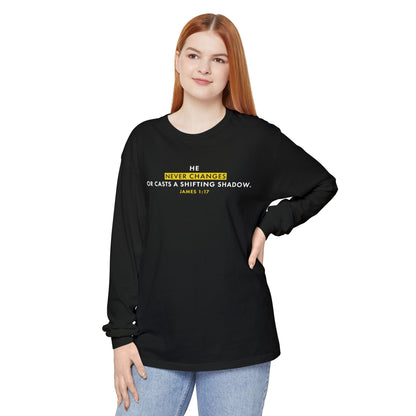 He Never Changes Cotton T-shirt — Faith-Based Christian Long Sleeve Tee