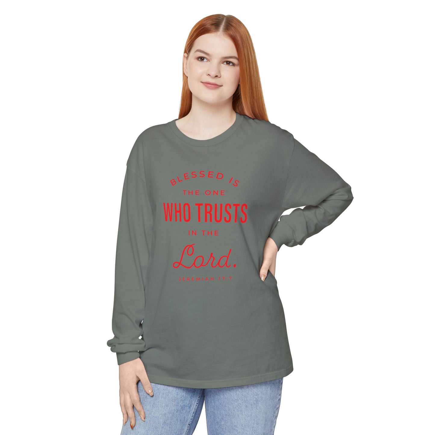 Jeremiah 17:7 'Blessed Is the One Who Trusts in the Lord' 100% Cotton Red Letters Long Sleeve Tee