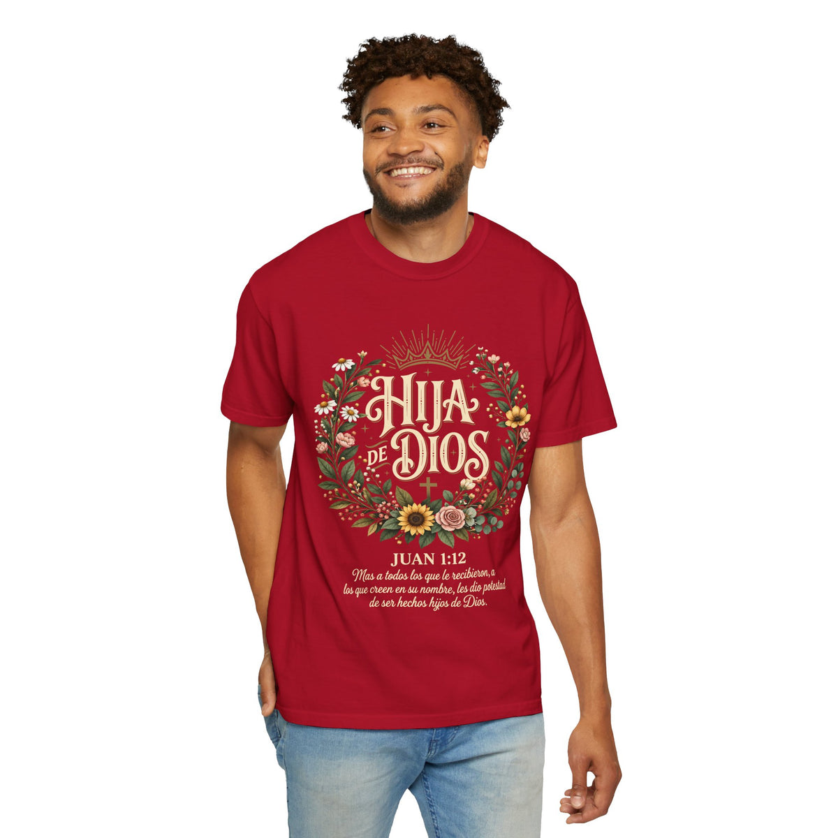 Hija de Dios Floral T‑Shirt — Juan 1:12 Christian Tee