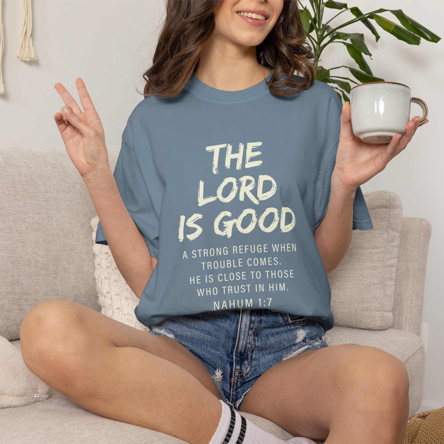 The Lord is Good "Nahum 1:7" Beige 100% cotton T-shirt
