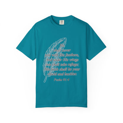 Psalm 91 Feather T-Shirt — 'He Shall Cover You' Christian Faith Tee