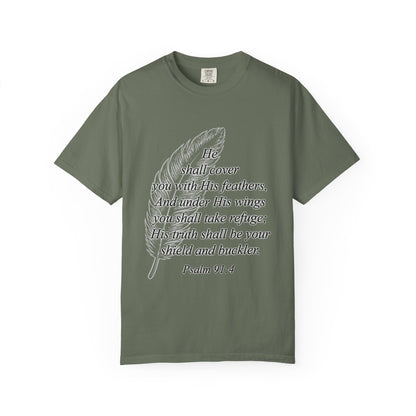 Psalm 91 Feather T-Shirt — 'He Shall Cover You' Christian Faith Tee