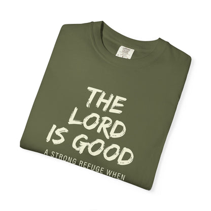 The Lord is Good "Nahum 1:7" Beige 100% cotton T-shirt