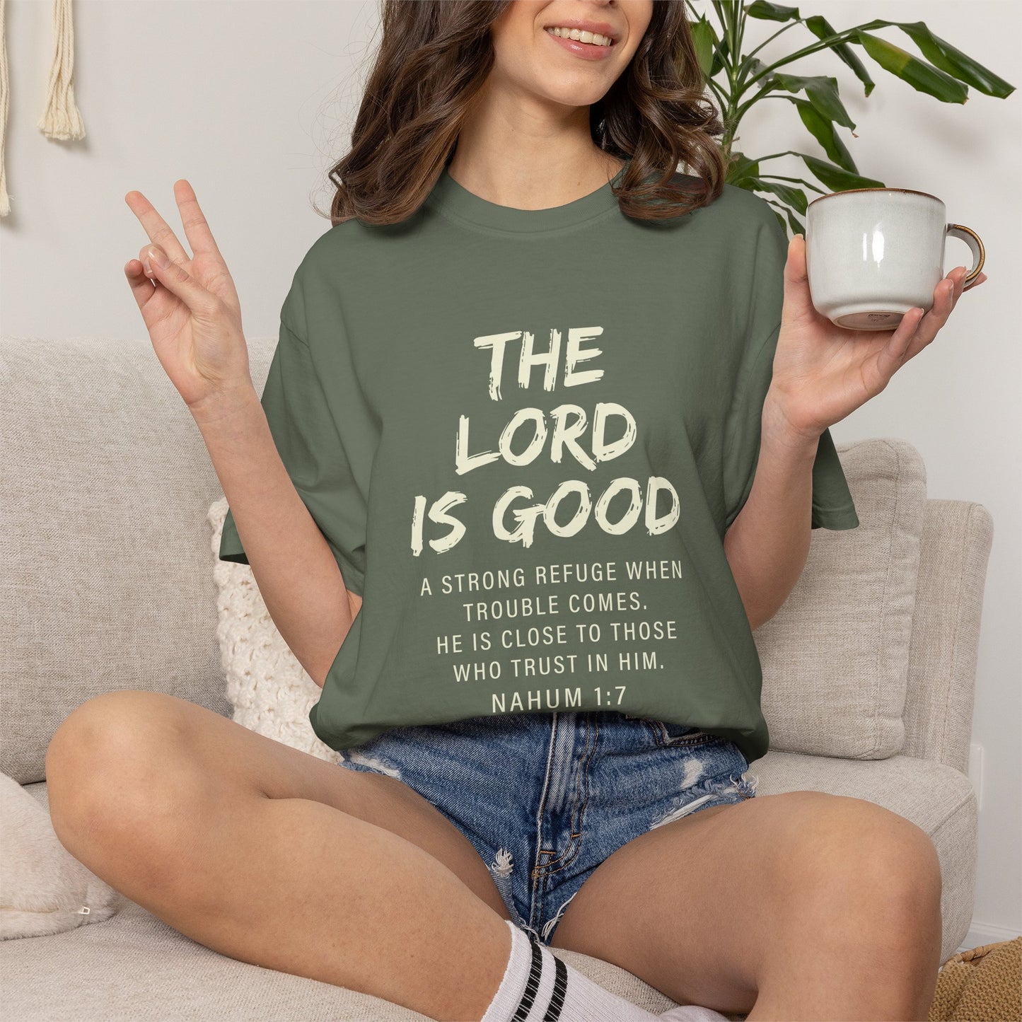 The Lord is Good "Nahum 1:7" Beige 100% cotton T-shirt