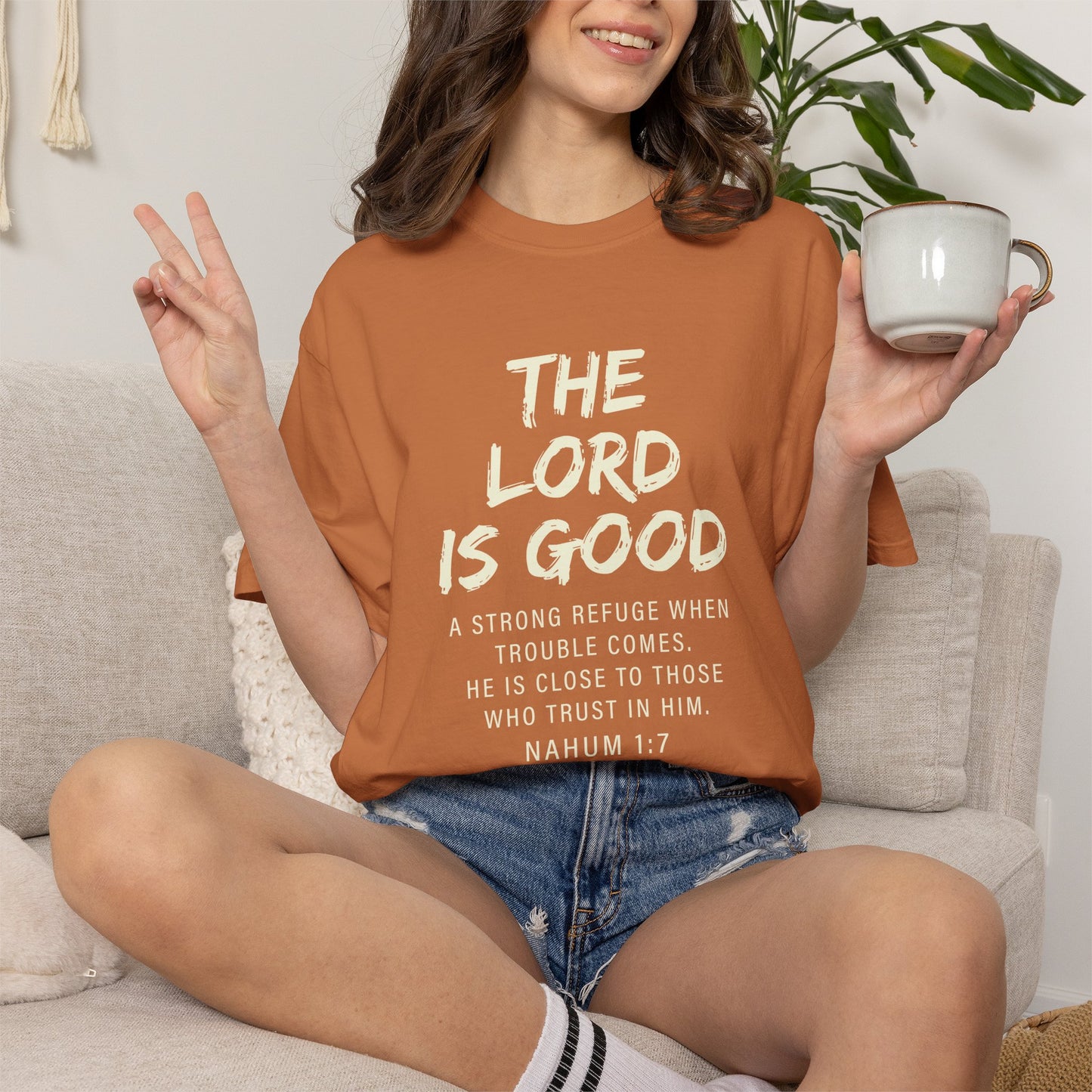 The Lord is Good "Nahum 1:7" Beige 100% cotton T-shirt