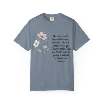 Christian Floral Verse T-Shirt — Spanish Filipenses 1:11 Scripture Tee