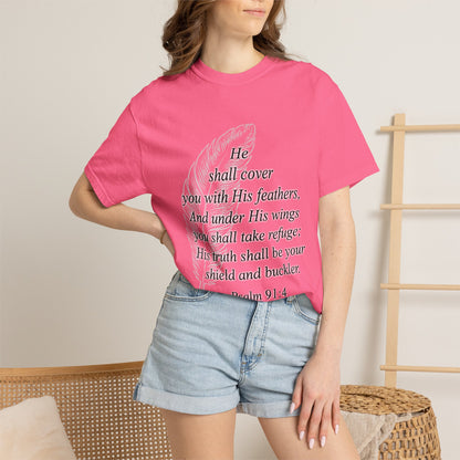 Psalm 91 Feather T-Shirt — 'He Shall Cover You' Christian Faith Tee