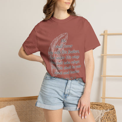 Psalm 91 Feather T-Shirt — 'He Shall Cover You' Christian Faith Tee