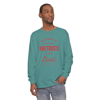 Jeremiah 17:7 'Blessed Is the One Who Trusts in the Lord' 100% Cotton Red Letters Long Sleeve Tee