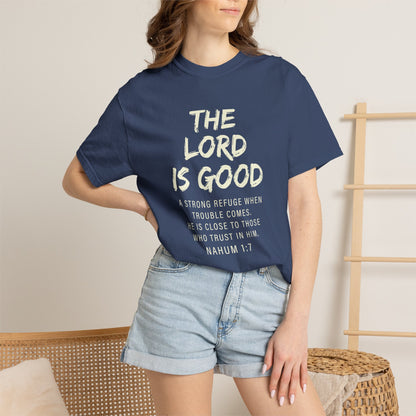 The Lord is Good "Nahum 1:7" Beige 100% cotton T-shirt