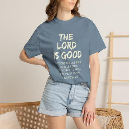 The Lord is Good "Nahum 1:7" Beige 100% cotton T-shirt