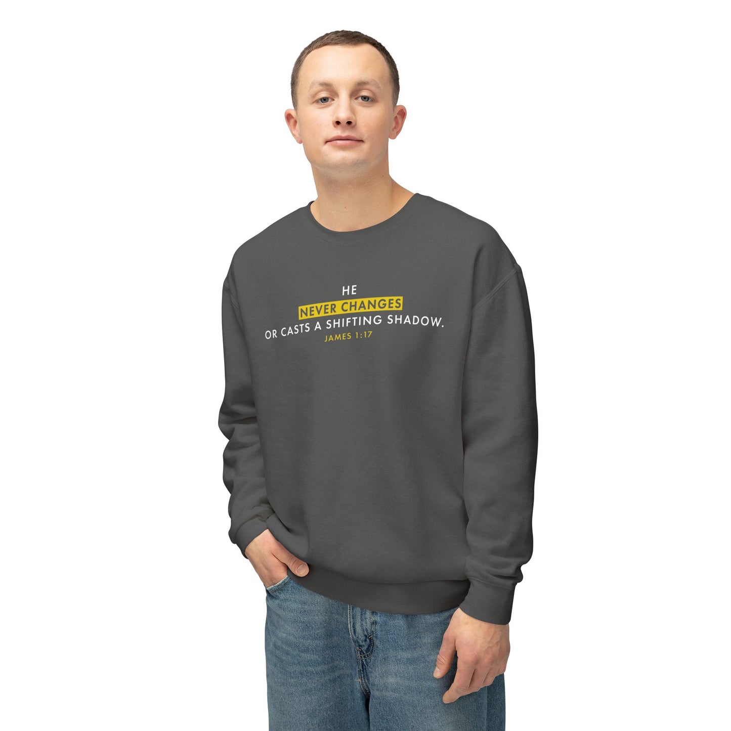 He Never Changes Cotton T-shirt — Faith-Based Christian Sweatshirt
