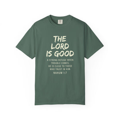 The Lord is Good "Nahum 1:7" Beige 100% cotton T-shirt