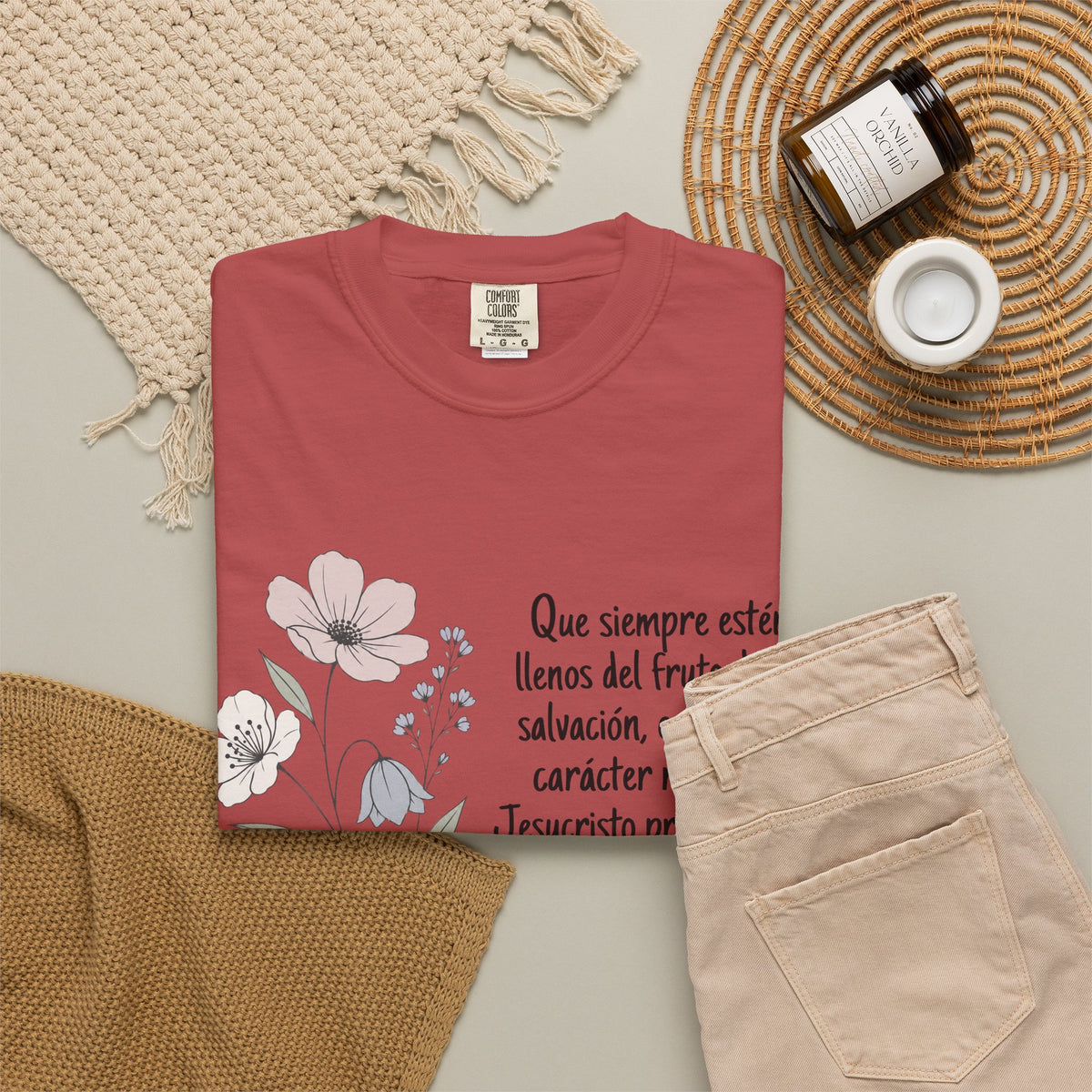 Christian Floral Verse T-Shirt — Spanish Filipenses 1:11 Scripture Tee