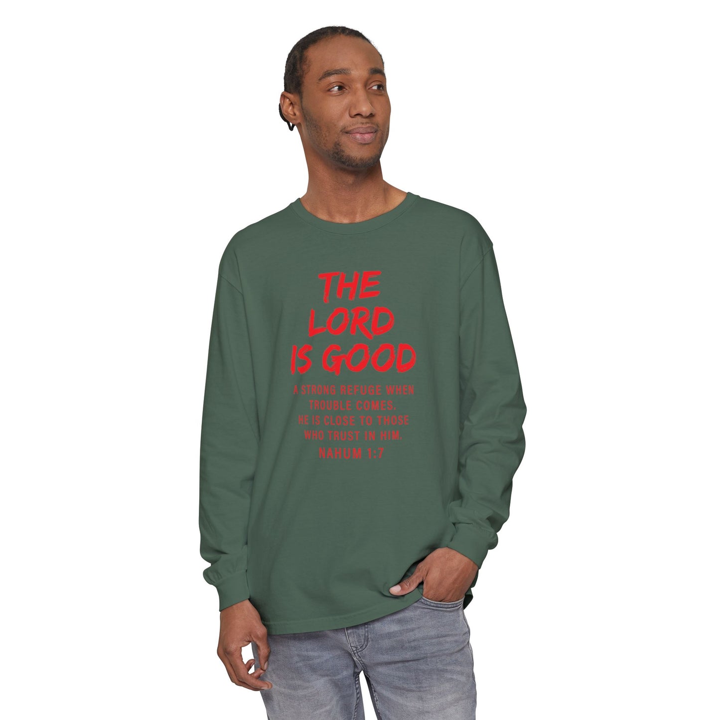 The Lord is Good "Nahum 1:7" Red Long Sleeve