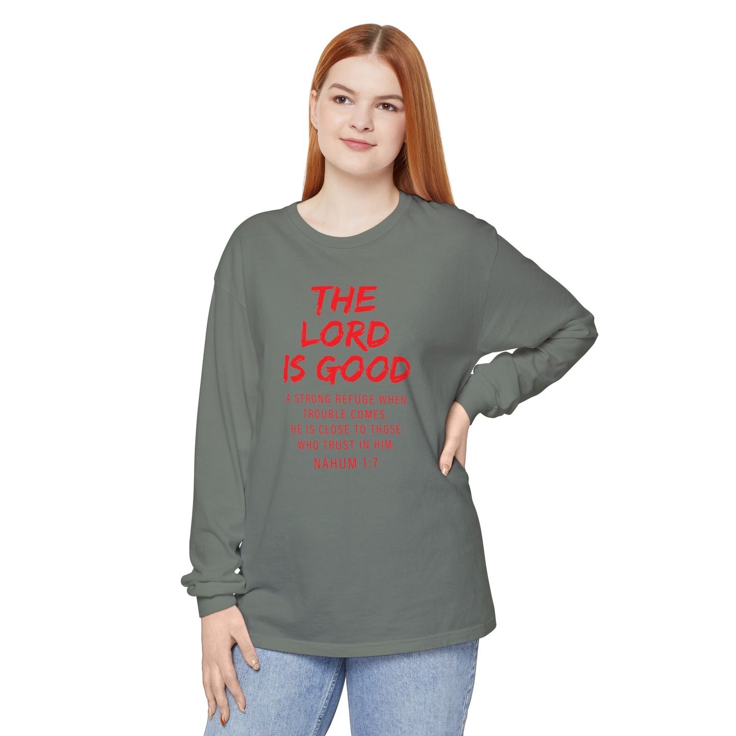 The Lord is Good "Nahum 1:7" Red Long Sleeve
