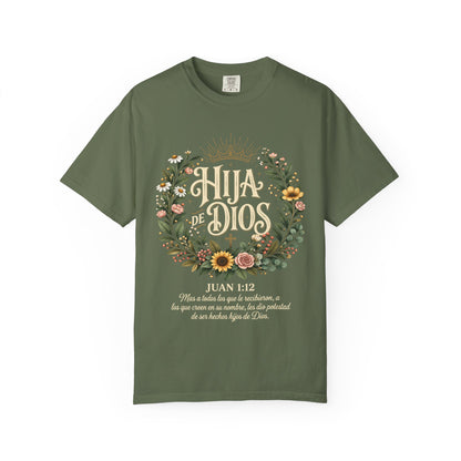 Hija de Dios Floral T‑Shirt — Juan 1:12 Christian Tee