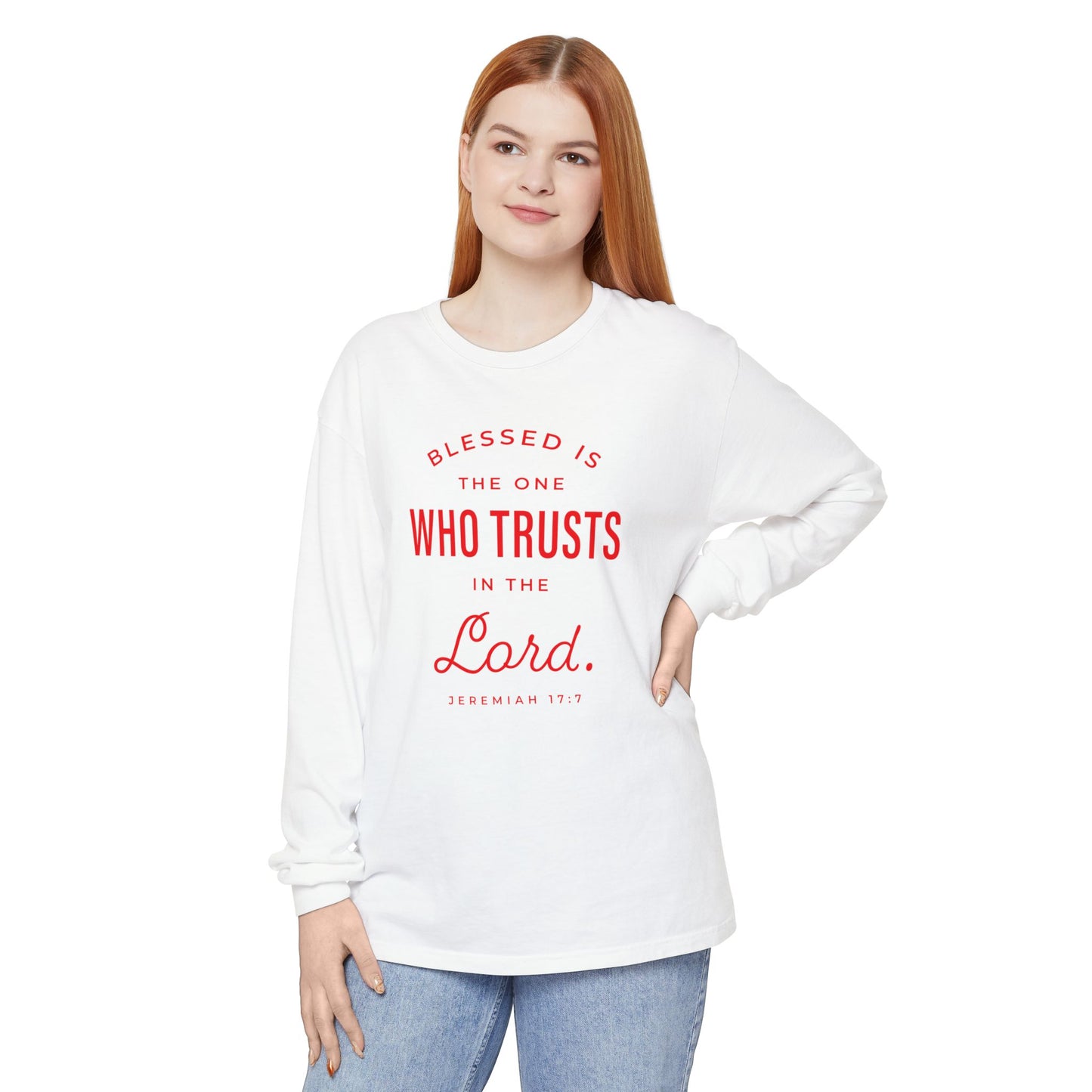 Jeremiah 17:7 'Blessed Is the One Who Trusts in the Lord' 100% Cotton Red Letters Long Sleeve Tee