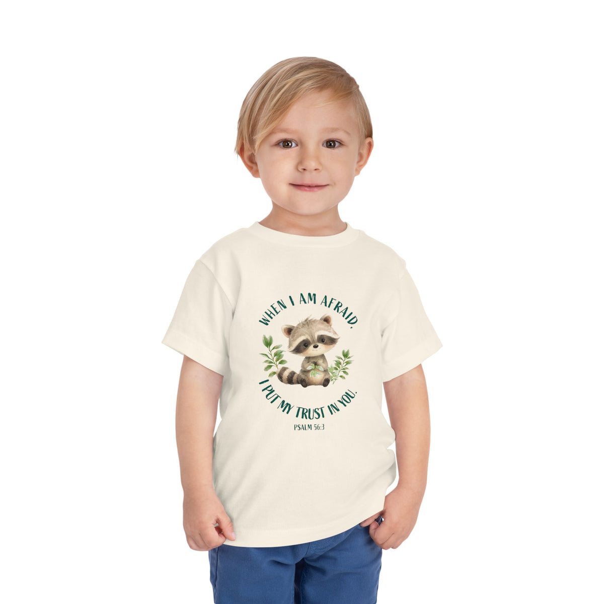Toddler Tee — 'When I Am Afraid I Put My Trust In God' Cute Raccoon Christian Shirt