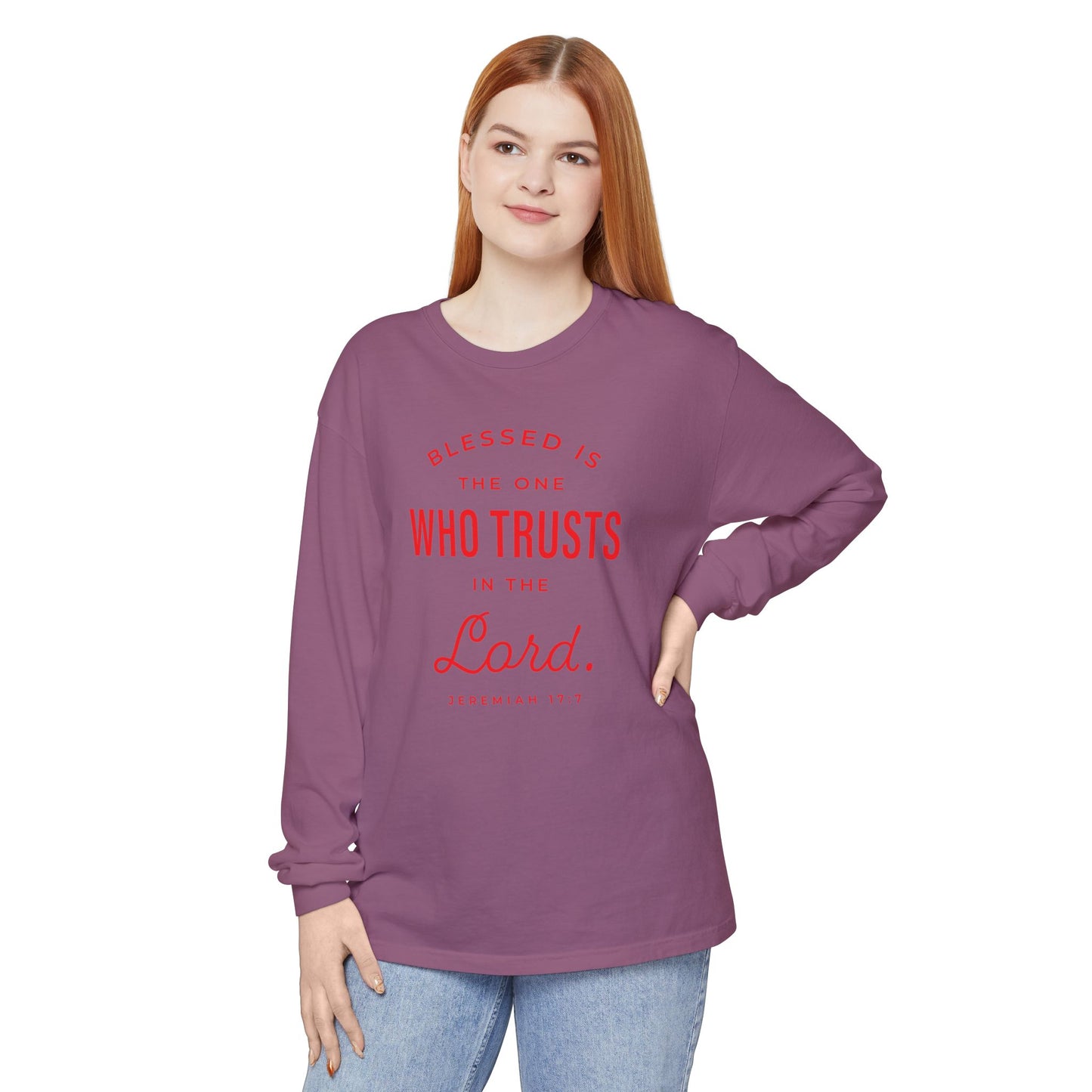 Jeremiah 17:7 'Blessed Is the One Who Trusts in the Lord' 100% Cotton Red Letters Long Sleeve Tee