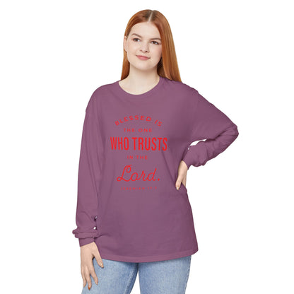 Jeremiah 17:7 'Blessed Is the One Who Trusts in the Lord' 100% Cotton Red Letters Long Sleeve Tee