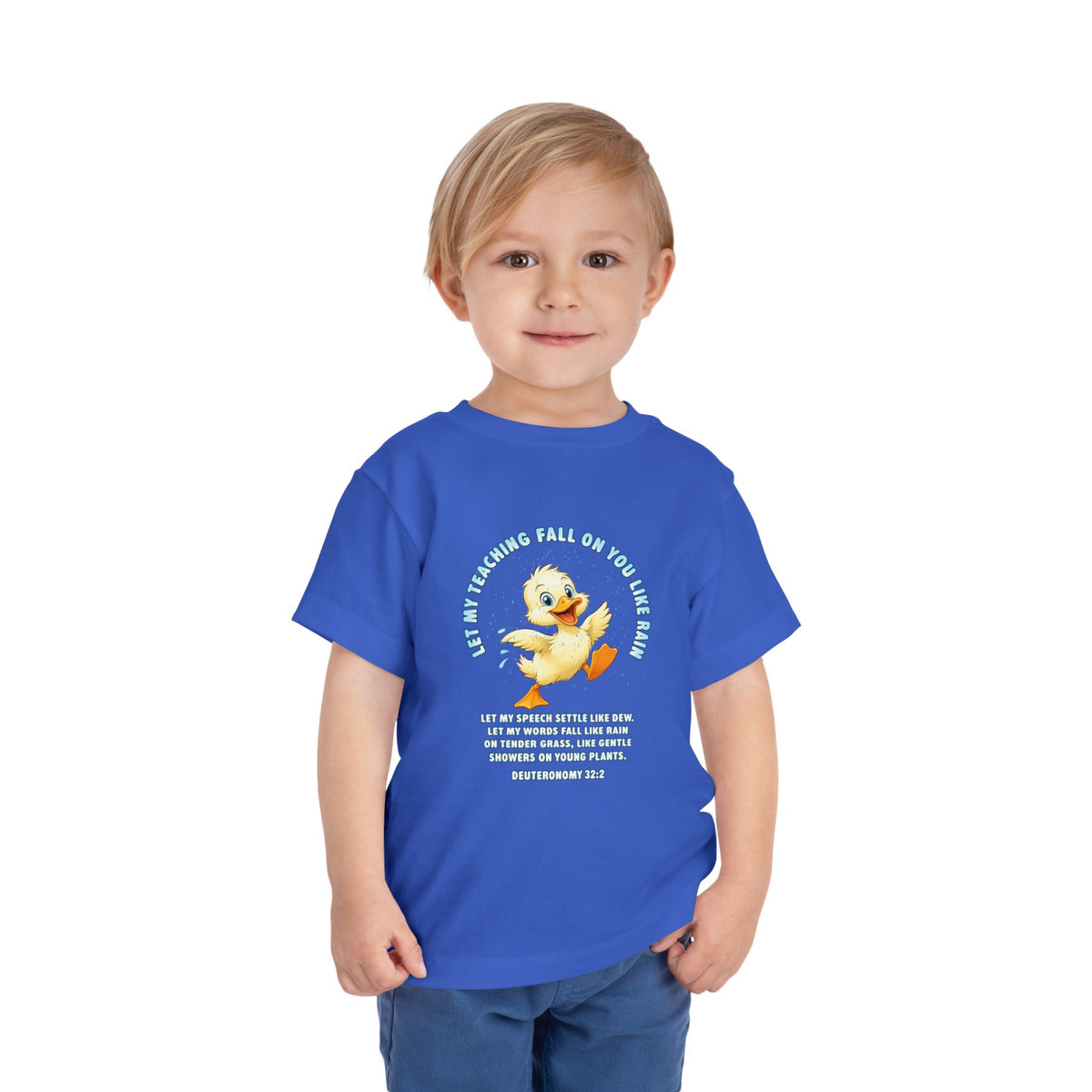 Toddler Tee — Cute Duck Graphic with "Let my teaching fall like rain"