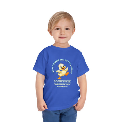 Toddler Tee — Cute Duck Graphic with "Let my teaching fall like rain"