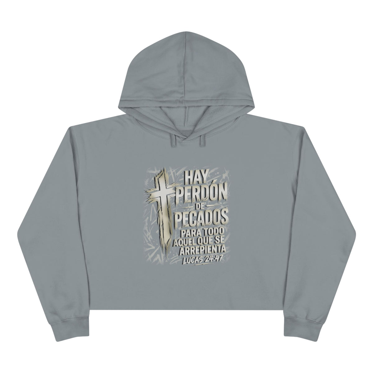 Christian Cross Crop Hoodie — "Hay Perdón de Pecados" Spanish Faith Graphic
