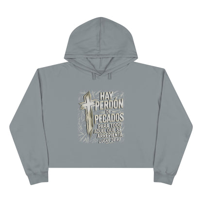Christian Cross Crop Hoodie — "Hay Perdón de Pecados" Spanish Faith Graphic