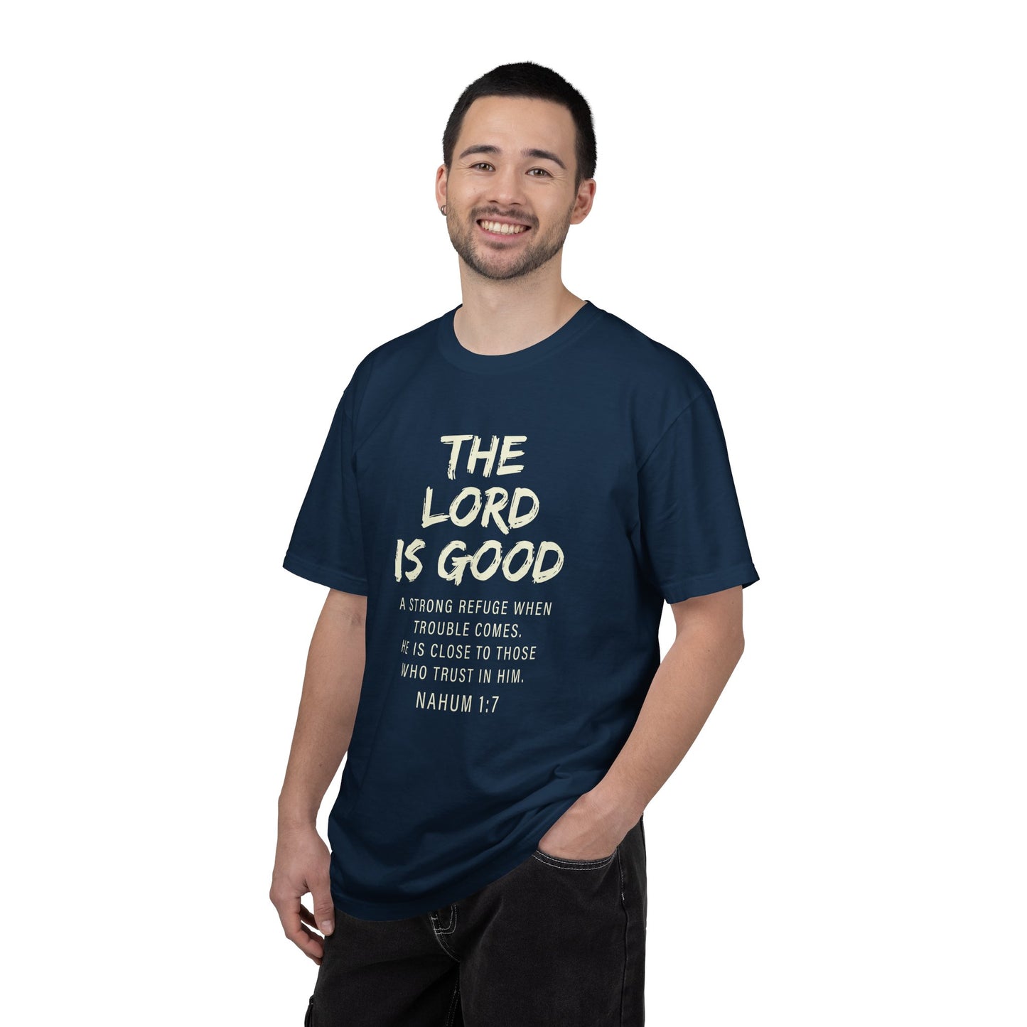 The Lord is Good "Nahum 1:7" Beige 100% cotton T-shirt