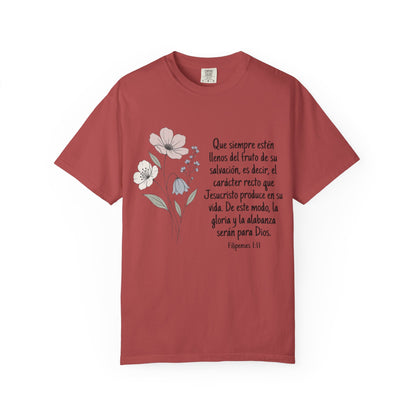 Christian Floral Verse T-Shirt — Spanish Filipenses 1:11 Scripture Tee