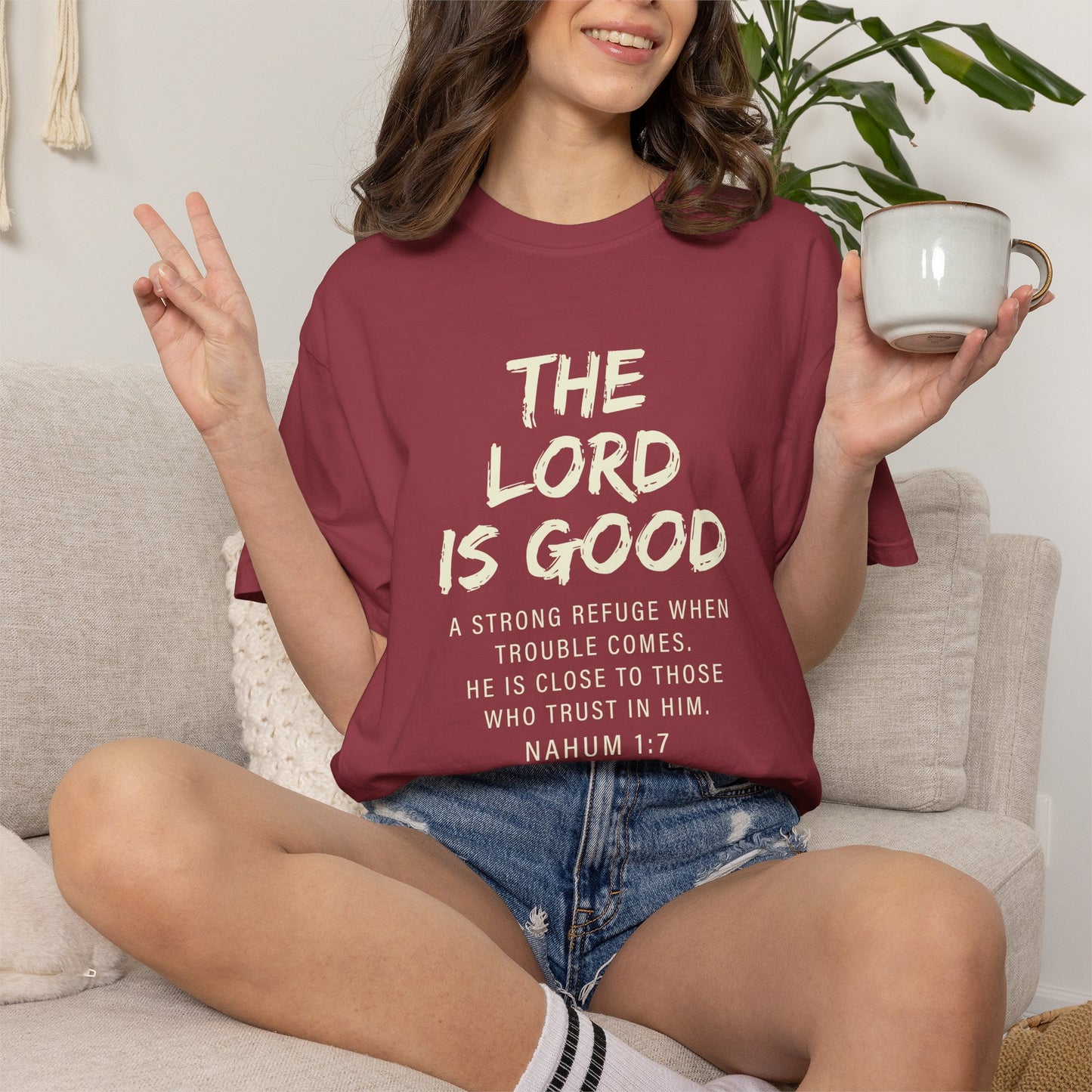 The Lord is Good "Nahum 1:7" Beige 100% cotton T-shirt