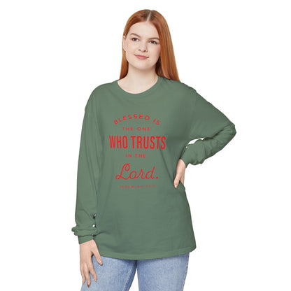 Jeremiah 17:7 'Blessed Is the One Who Trusts in the Lord' 100% Cotton Red Letters Long Sleeve Tee
