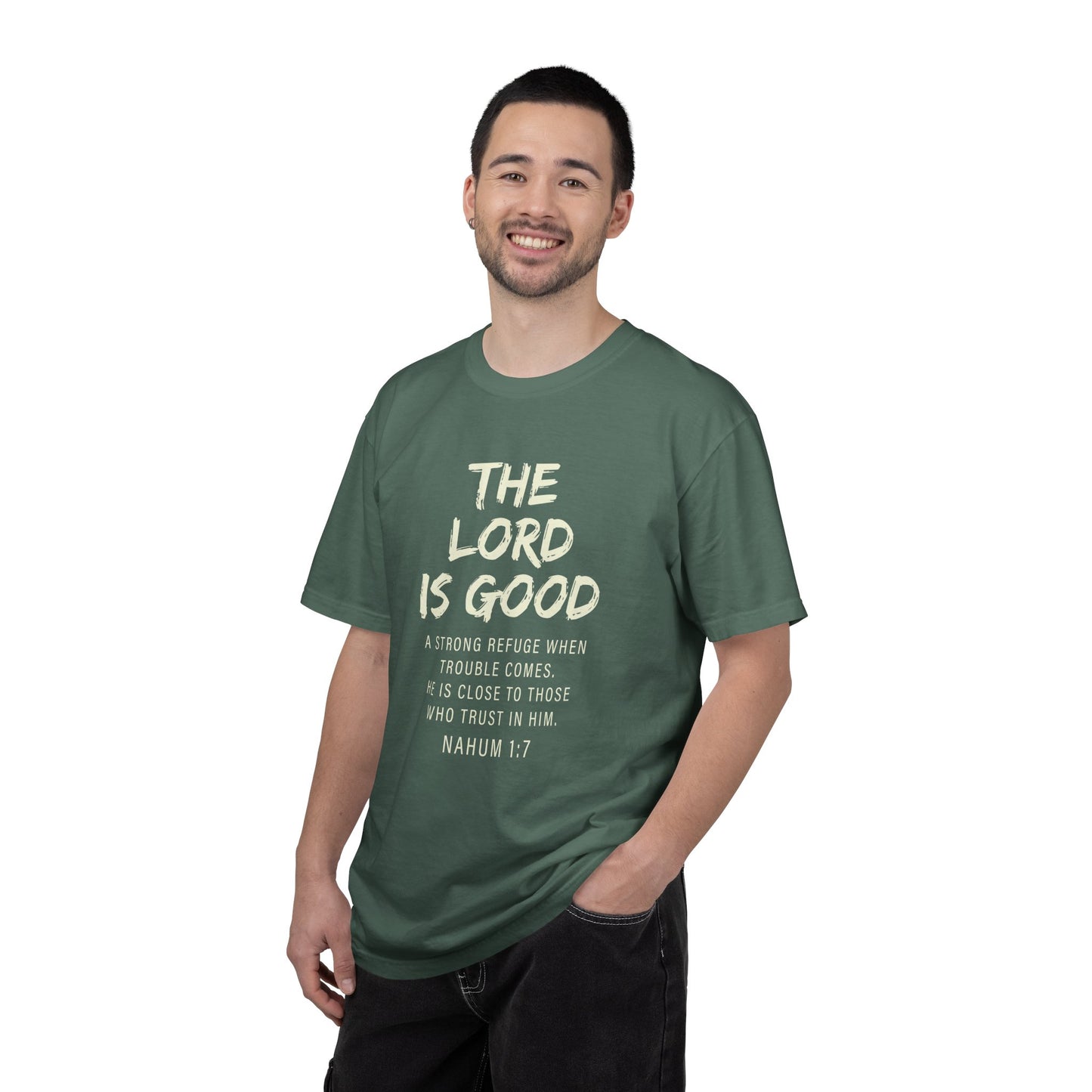 The Lord is Good "Nahum 1:7" Beige 100% cotton T-shirt