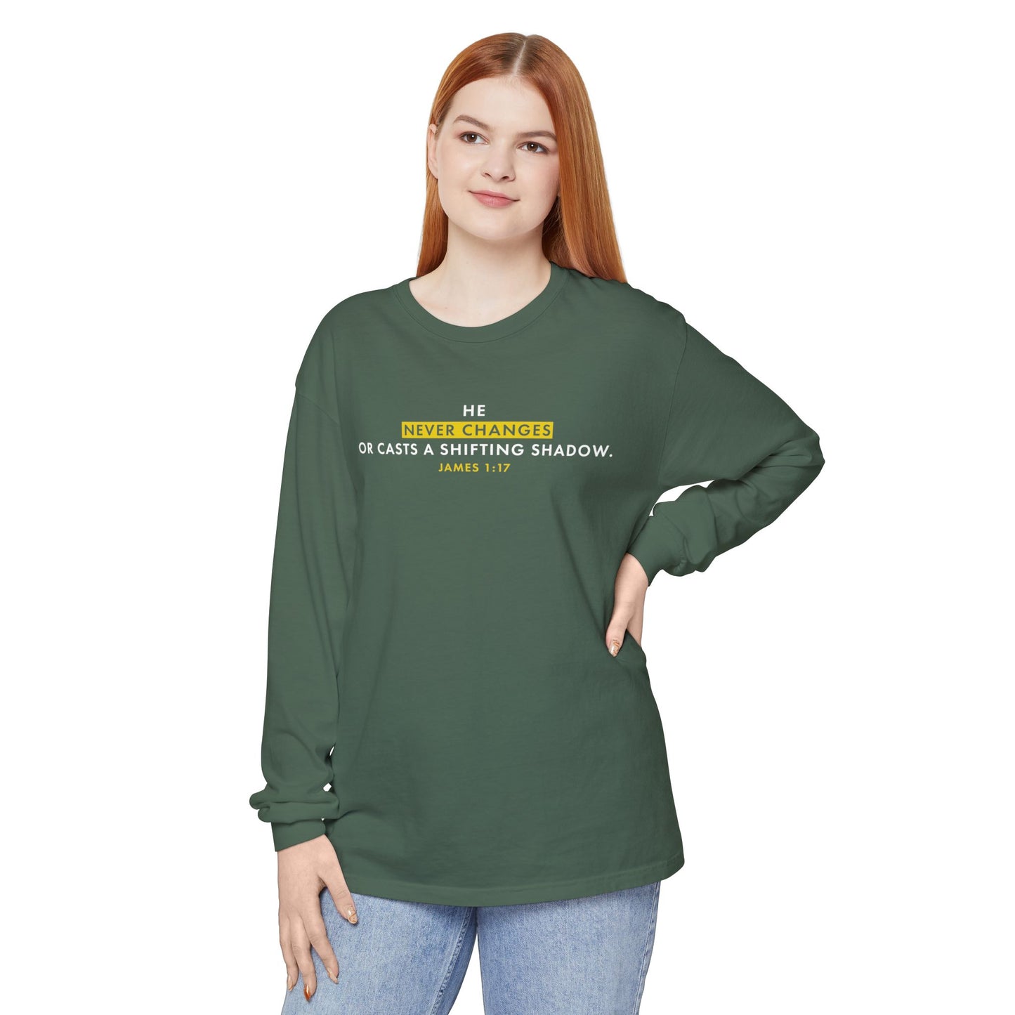 He Never Changes Cotton T-shirt — Faith-Based Christian Long Sleeve Tee