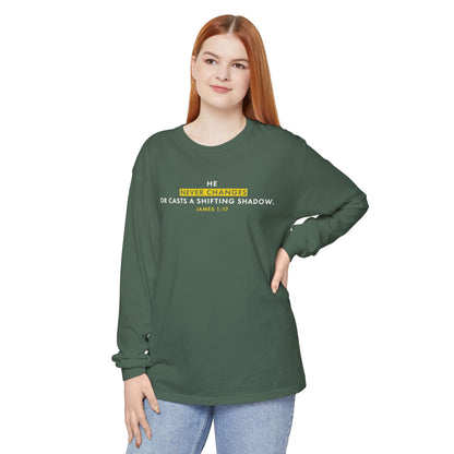 He Never Changes Cotton T-shirt — Faith-Based Christian Long Sleeve Tee