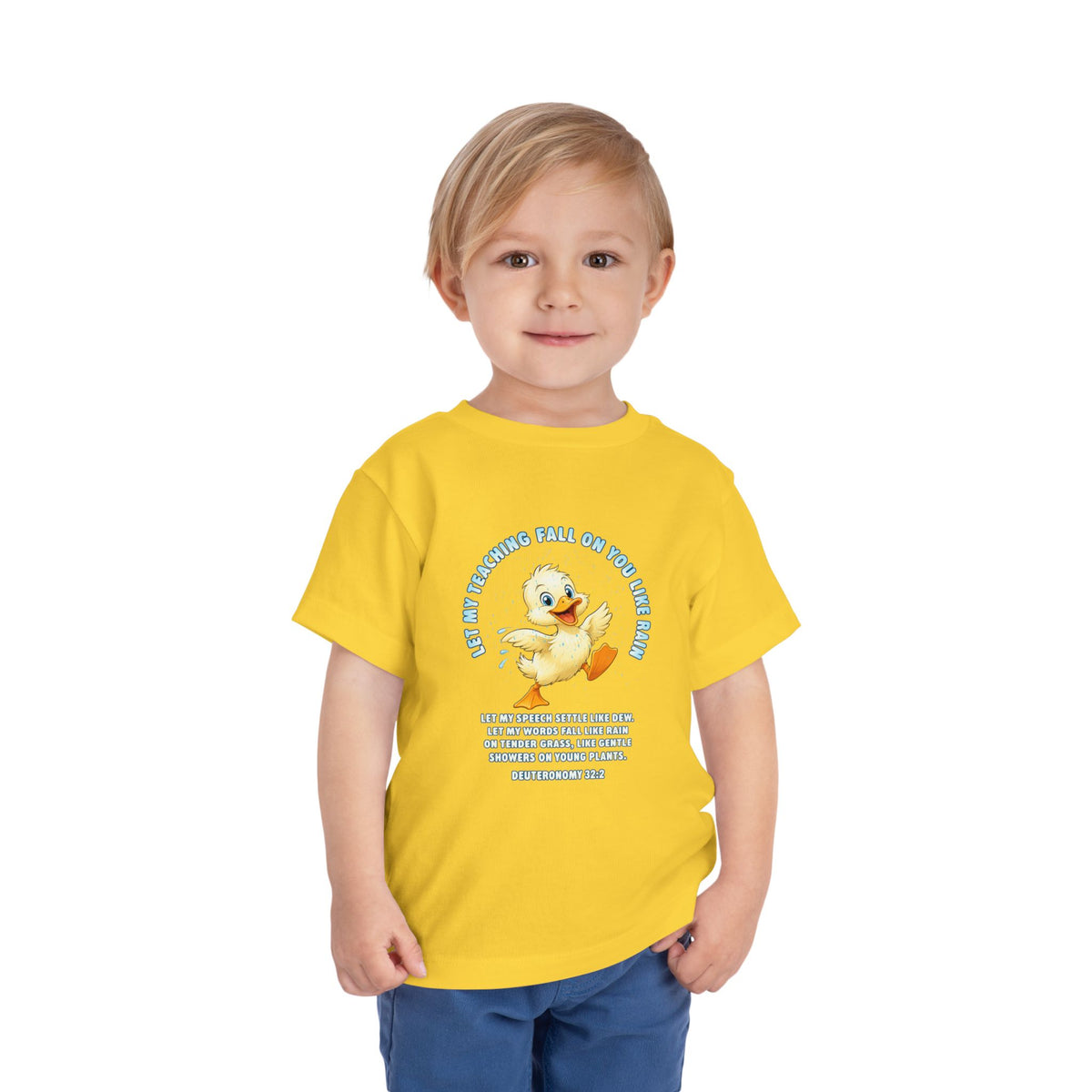Toddler Tee — Cute Duck Graphic with "Let my teaching fall like rain"