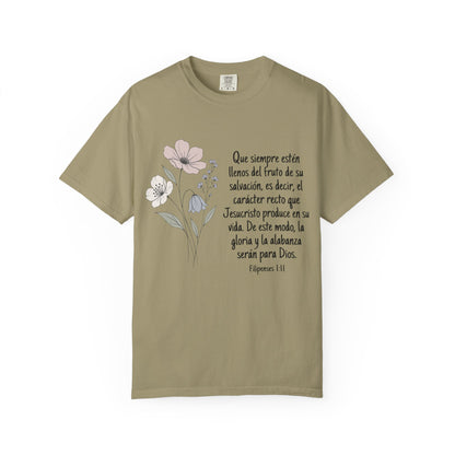 Christian Floral Verse T-Shirt — Spanish Filipenses 1:11 Scripture Tee