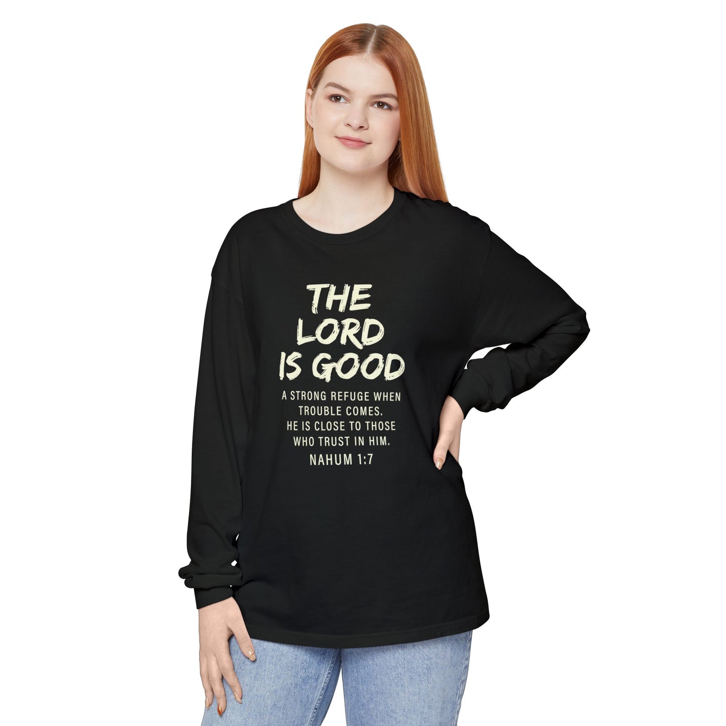 The Lord Is Good "NAHUM 1:7" BEIGE 100% cotton long sleeve