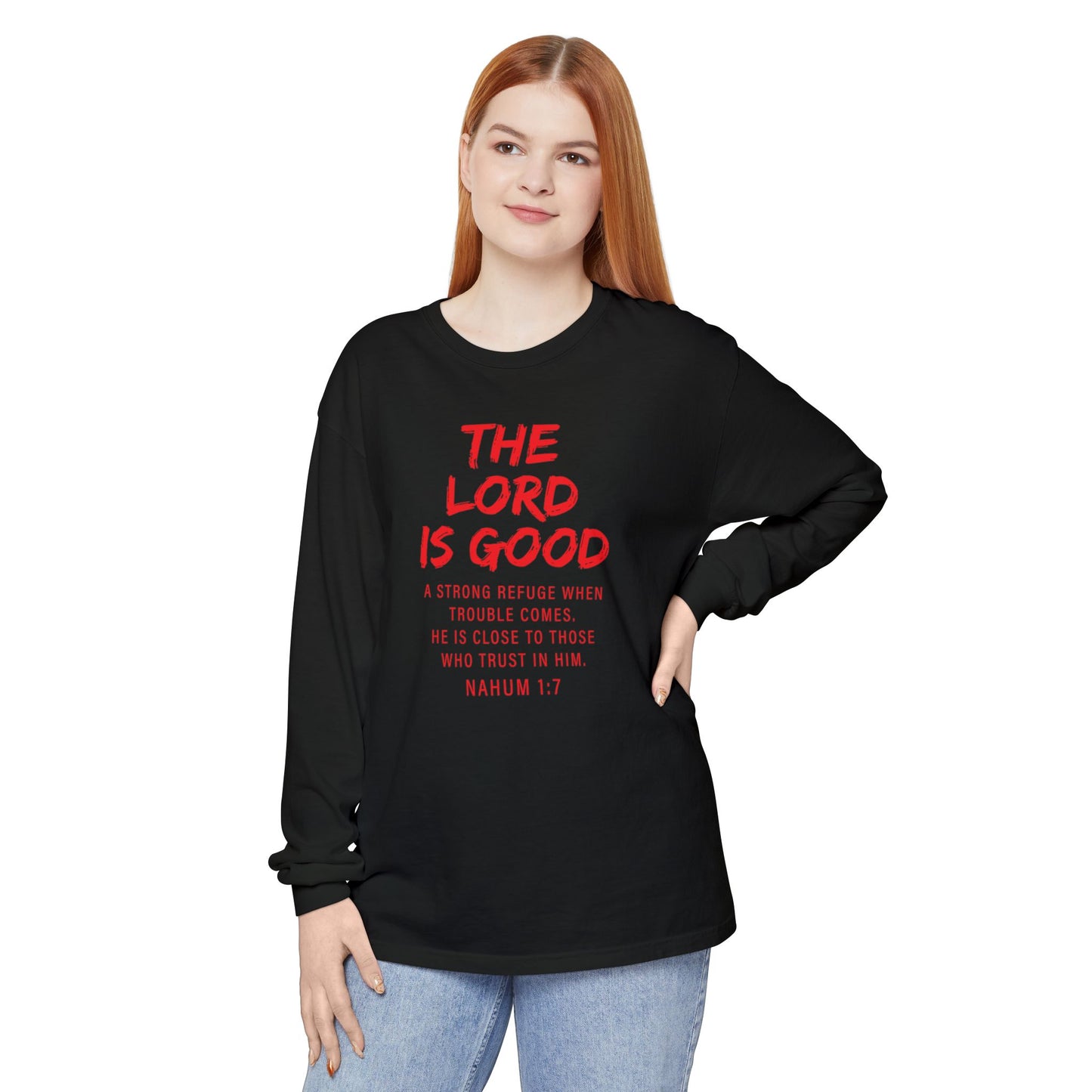 The Lord is Good "Nahum 1:7" Red Long Sleeve