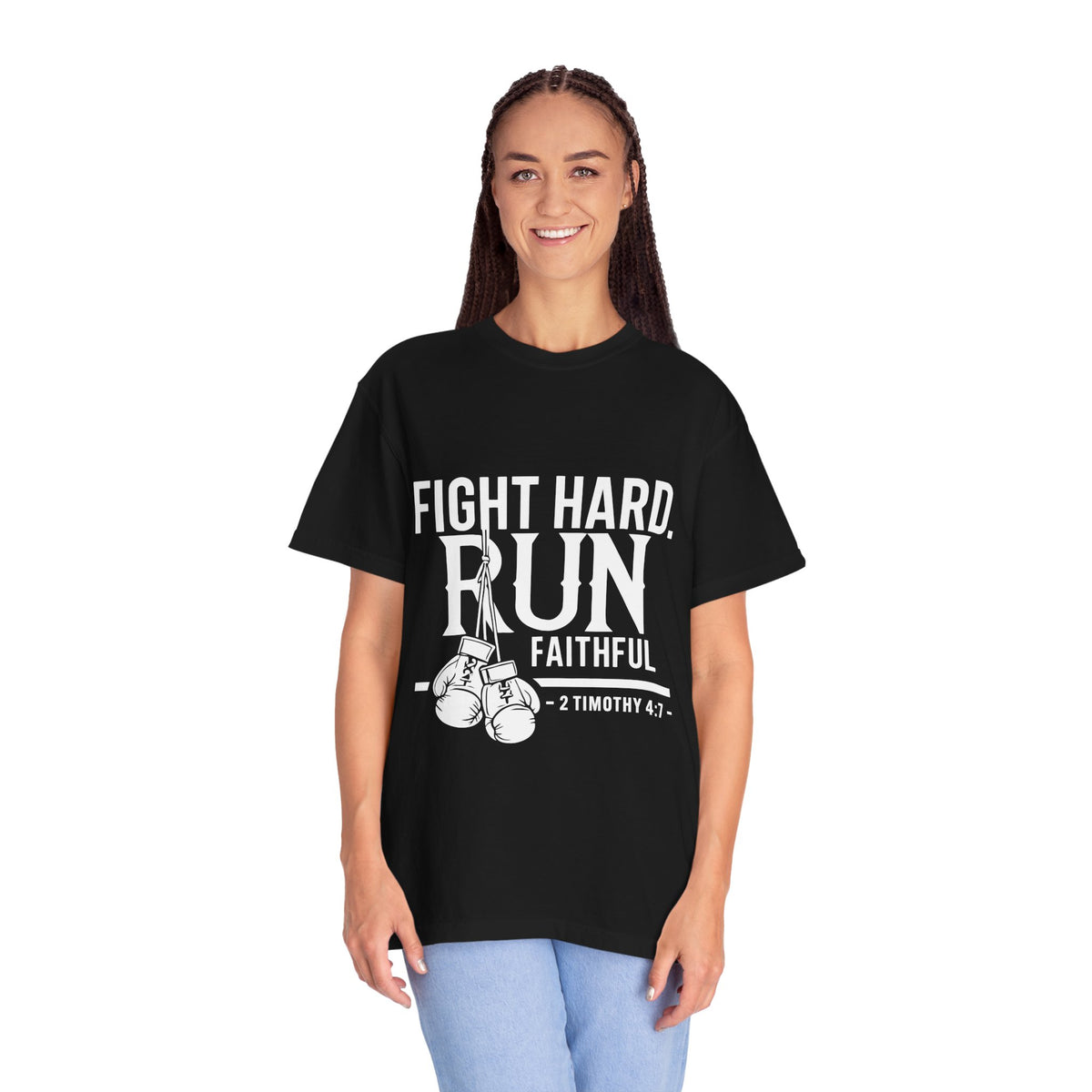 Fight Hard Run Faithful T-Shirt — Christian Boxing Inspirational Tee (2 Timothy 4:7)