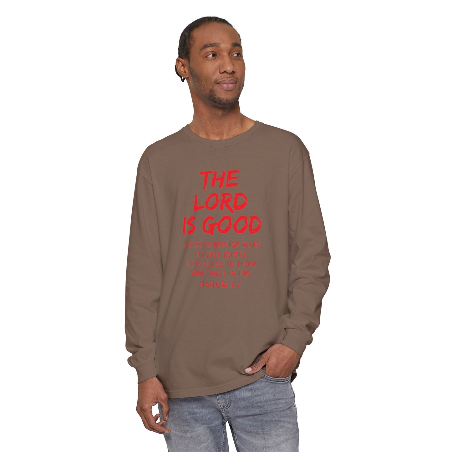 The Lord is Good "Nahum 1:7" Red Long Sleeve