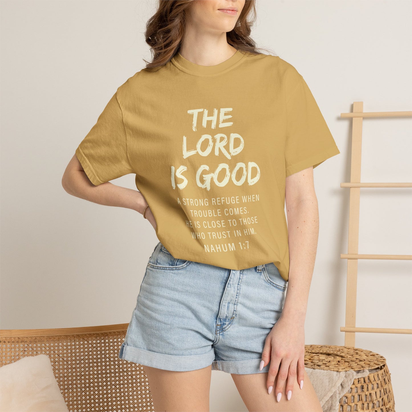 The Lord is Good "Nahum 1:7" Beige 100% cotton T-shirt