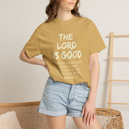 The Lord is Good "Nahum 1:7" Beige 100% cotton T-shirt