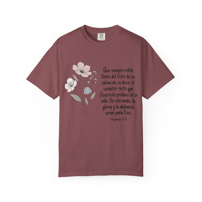 Christian Floral Verse T-Shirt — Spanish Filipenses 1:11 Scripture Tee