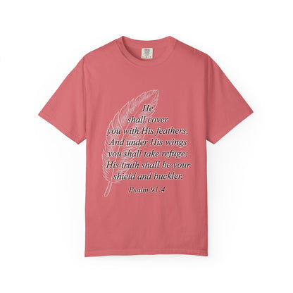 Psalm 91 Feather T-Shirt — 'He Shall Cover You' Christian Faith Tee