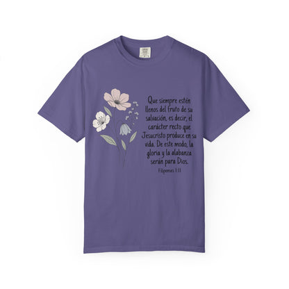 Christian Floral Verse T-Shirt — Spanish Filipenses 1:11 Scripture Tee
