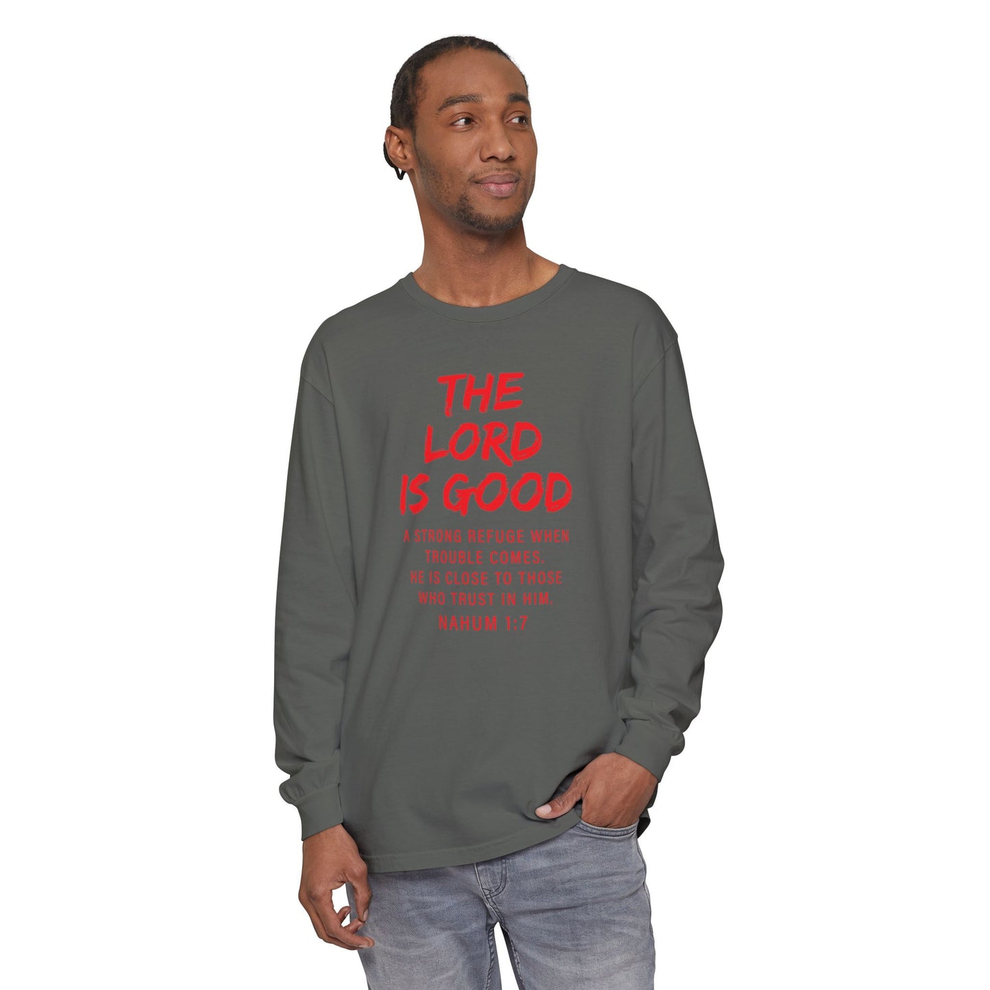 The Lord is Good "Nahum 1:7" Red Long Sleeve