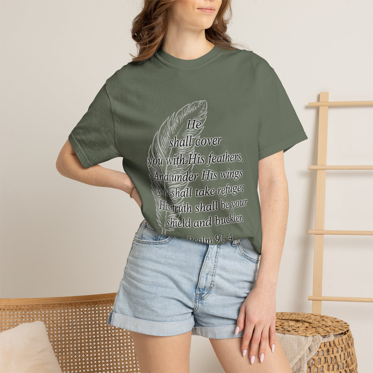 Psalm 91 Feather T-Shirt — 'He Shall Cover You' Christian Faith Tee