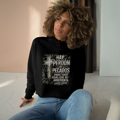 Christian Cross Crop Hoodie — "Hay Perdón de Pecados" Spanish Faith Graphic